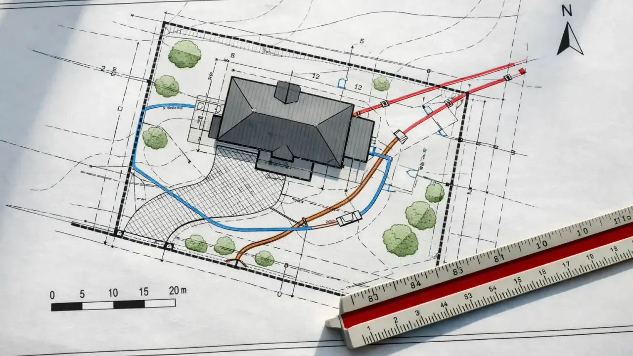 Projekt budowlany domu z zaznaczonymi przyłączami i zielenią. Skala i linijka wskazują na precyzyjne wymiary.