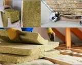 Pracownicy montują wełnę mineralną na poddaszu. Widać stosy płyt izolacyjnych i proces układania materiału.