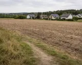 Pola po odrolnieniu działki, gotowe pod budowę domów. W tle widać zabudowania i las.