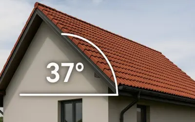 Jak obliczyć spadek dachu? Na zdjęciu widać dachówkę ceramiczną i oznaczenie 37 stopni, co pomaga w określeniu nachylenia.
