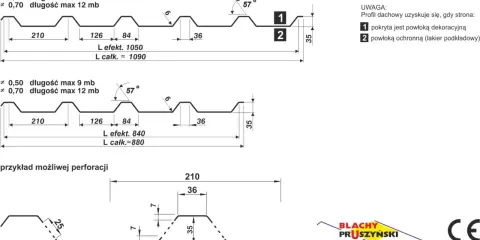 Schemat blachy trapezowej z wymiarami: szerokość fali 210, 126, 84 mm. Dostępne grubości 0,50 i 0,70 mm.