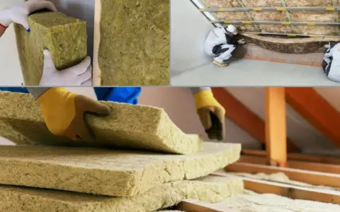 Pracownicy montują wełnę mineralną na poddaszu. Widać stosy płyt izolacyjnych i proces układania materiału.