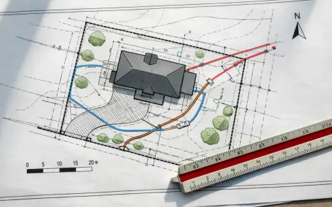 Projekt budowlany domu z zaznaczonymi przyłączami i zielenią. Skala i linijka wskazują na precyzyjne wymiary.