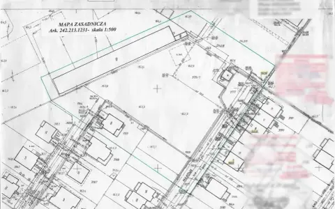 Mapa zasadnicza do warunków zabudowy z zaznaczonymi działkami, budynkami i infrastrukturą. Skala 1:500.
