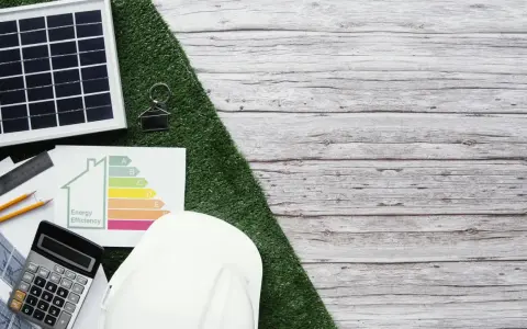 Planujesz audyt energetyczny? Sprawdź, ile kosztuje i jak poprawić efektywność energetyczną domu. Na zdjęciu panele słoneczne, kalkulator i certyfikat.