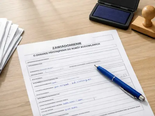 Formularz "Zawiadomienie o zamiarze przystąpienia do robót budowlanych" z niebieskim długopisem, stosem dokumentów i pieczątką.