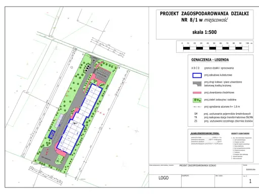 Projekt zagospodarowania terenu z zaznaczonymi budynkami, parkingiem, drogami i zielenią. Skala 1:500.