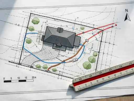 Projekt budowlany domu z zaznaczonymi przyłączami i zielenią. Skala i linijka wskazują na precyzyjne wymiary.