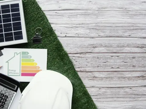 Planujesz audyt energetyczny? Sprawdź, ile kosztuje i jak poprawić efektywność energetyczną domu. Na zdjęciu panele słoneczne, kalkulator i certyfikat.