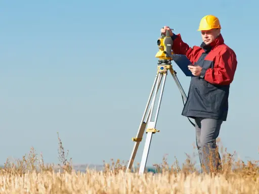 Geodeta w żółtym kasku pracuje z tachimetrem w polu. Zastanawiasz się, ile kosztuje geodeta?
