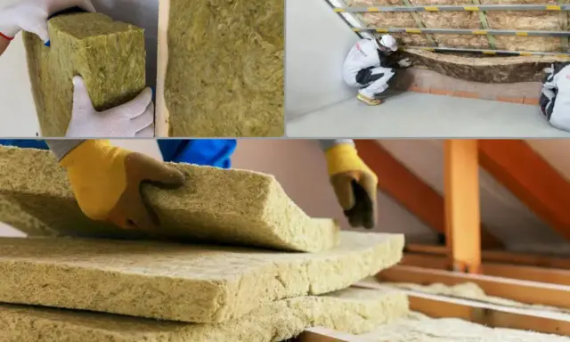 Pracownicy montują wełnę mineralną na poddaszu. Widać stosy płyt izolacyjnych i proces układania materiału.