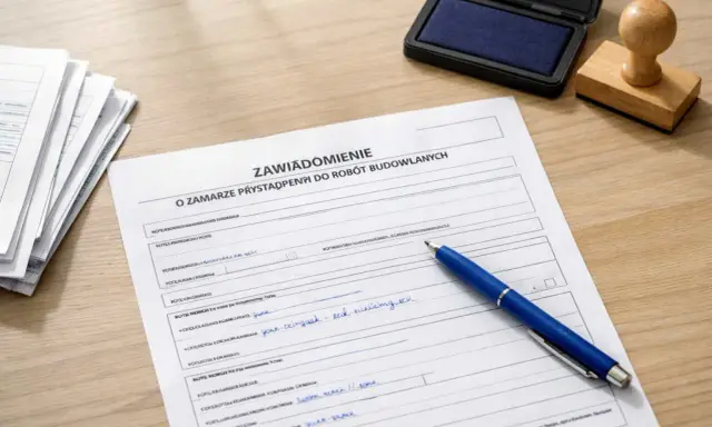 Formularz "Zawiadomienie o zamiarze przystąpienia do robót budowlanych" z niebieskim długopisem, stosem dokumentów i pieczątką.