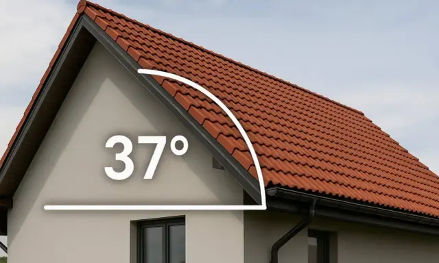 Jak obliczyć spadek dachu? Na zdjęciu widać dachówkę ceramiczną i oznaczenie 37 stopni, co pomaga w określeniu nachylenia.