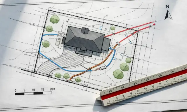 Projekt budowlany domu z zaznaczonymi przyłączami i zielenią. Skala i linijka wskazują na precyzyjne wymiary.