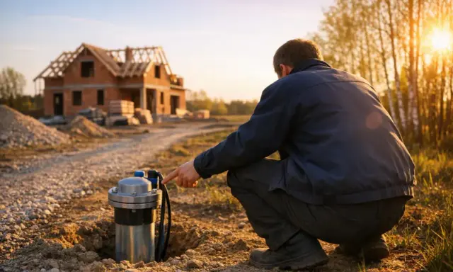 Mężczyzna sprawdza studnię głębinową na budowie domu. Pozwolenie na budowę i dostęp do wody to klucz do sukcesu.