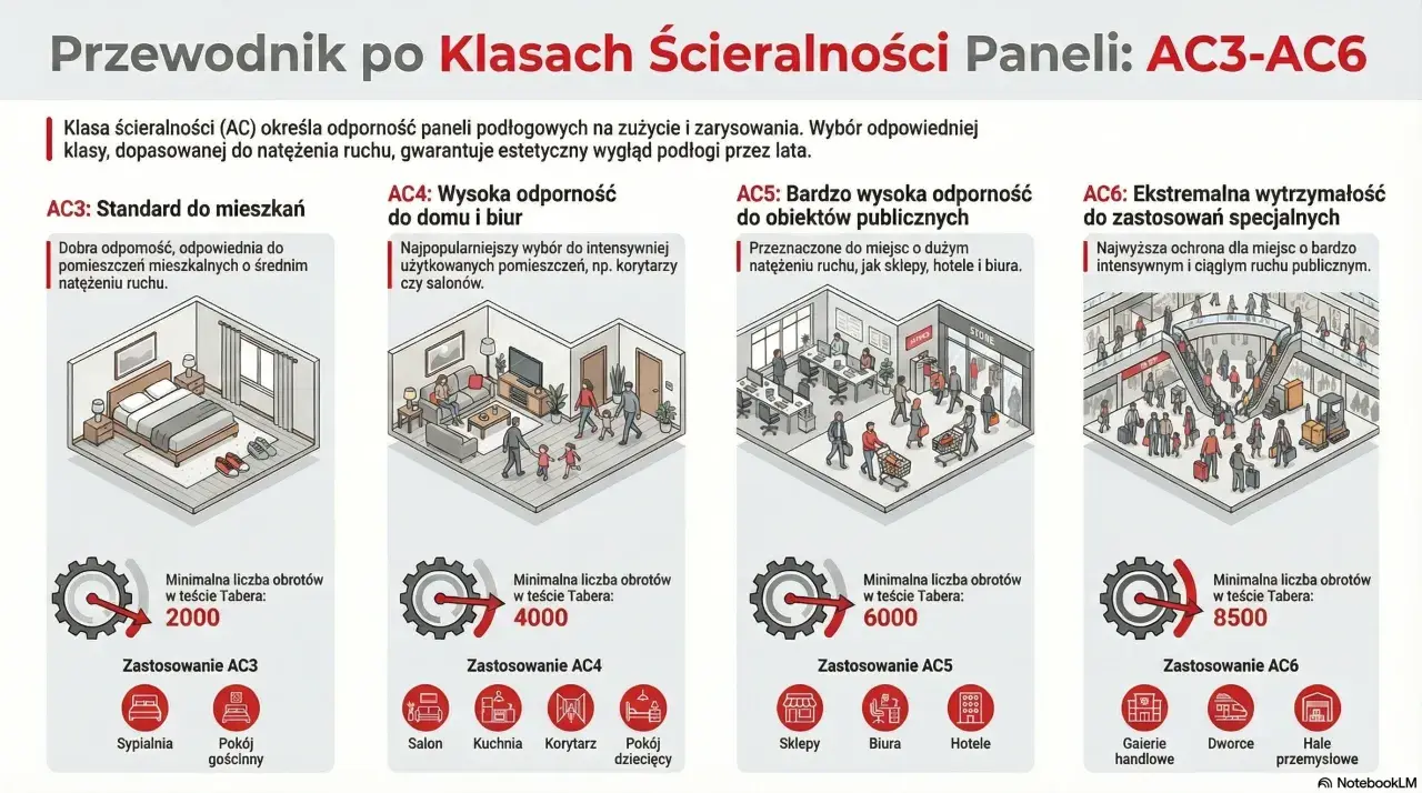Przewodnik po klasach ścieralności paneli: AC3-AC6. Odporność paneli na zużycie i zarysowania, dopasowana do natężenia ruchu.