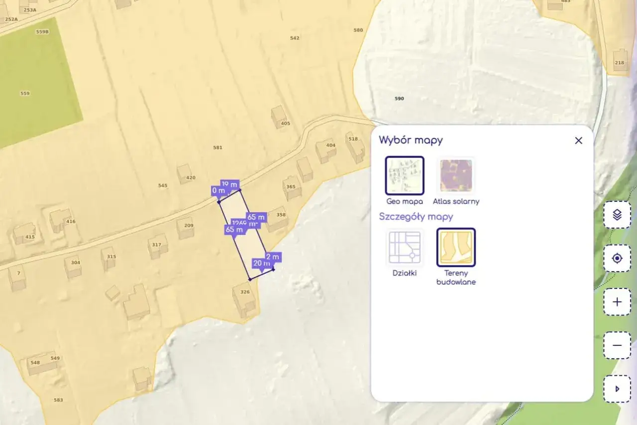 Mapa przedstawia działkę rolną budowlaną o wymiarach 65x19m, z zaznaczonymi granicami i powierzchnią 1969 m².