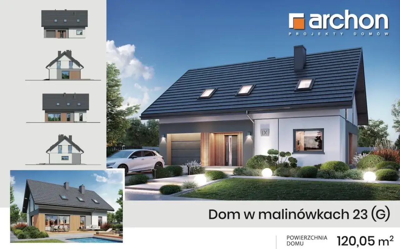 Nowoczesny dom w stanie surowym zamkniętym, z garażem, ogrodem i basenem. Projekt 