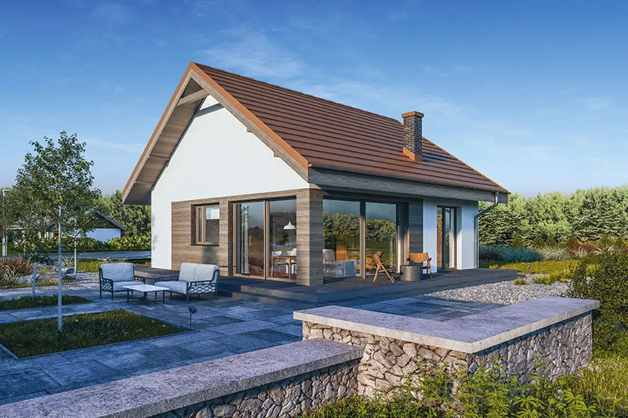 Nowoczesny dom 70m2, z dużymi przeszkleniami i tarasem, otoczony zielenią. Idealny dla tych, którzy marzą o własnym miejscu bez zbędnych formalności.