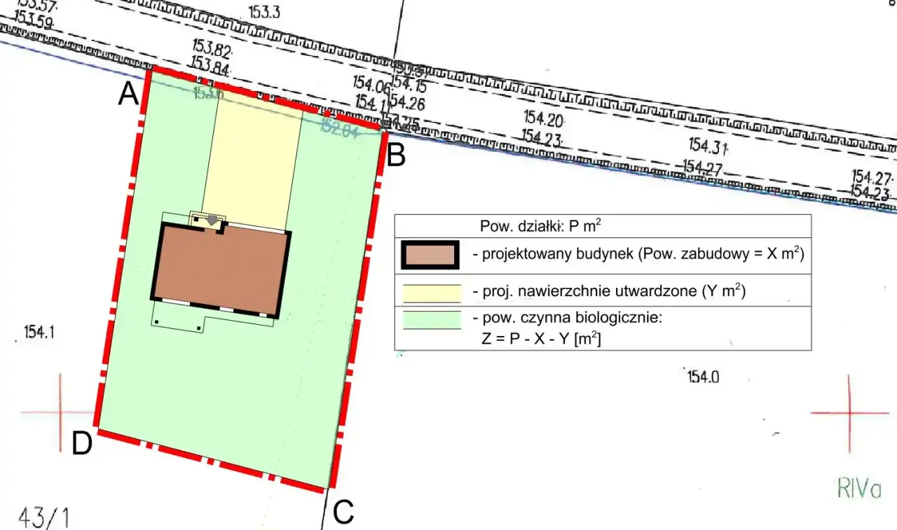 Plan działki z zaznaczonym projektowanym budynkiem i jego powierzchnią zabudowy. Obliczenia uwzględniają warunki zabudowy.