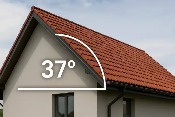 Jak obliczyć spadek dachu? Na zdjęciu widać dachówkę ceramiczną i oznaczenie 37 stopni, co pomaga w określeniu nachylenia.