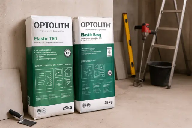 Dwa worki kleju do płytek Optolith Elastic T60 i Elastic Easy. Jaki klej do płytek wybrać? Oba są klasy C2TE, idealne do płytek ceramicznych.