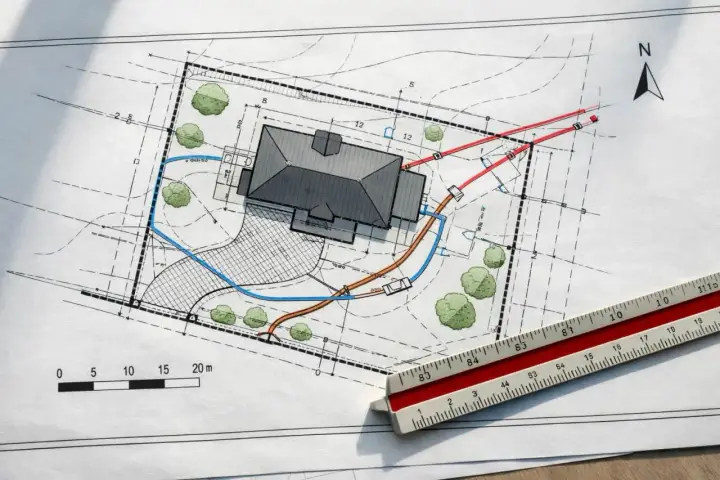 Projekt budowlany domu z zaznaczonymi przyłączami i zielenią. Skala i linijka wskazują na precyzyjne wymiary.